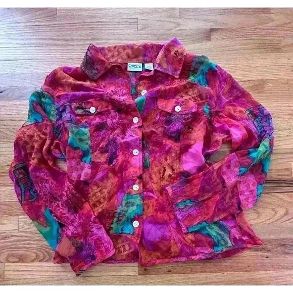 Colorful 100% Silk Button Down Sheer Blouse hippie boho flowy feminine SIZE 1/M - Picture 6 of 7